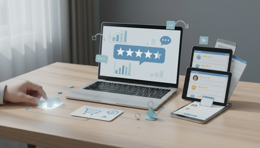 A technical guide cover titled 'Optimizing eCommerce Performance with Customer Reviews' featuring professional digital graphics.